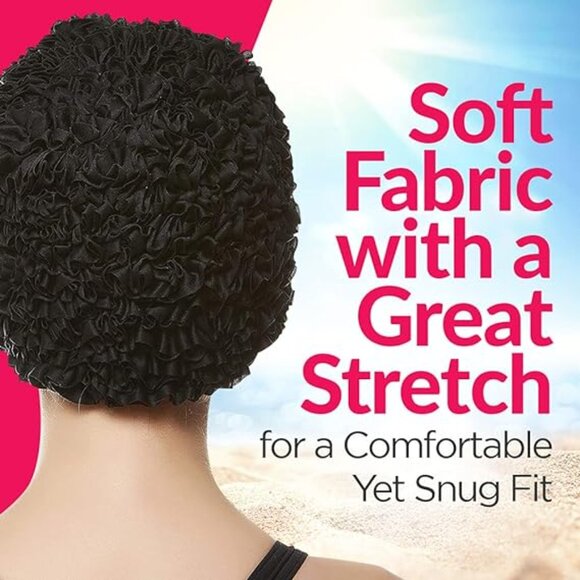 Beemo Women’s Swim Bathing Cap Turban Polyester Lined Ruffled Shower Cap - Black - Picture 2 of 7